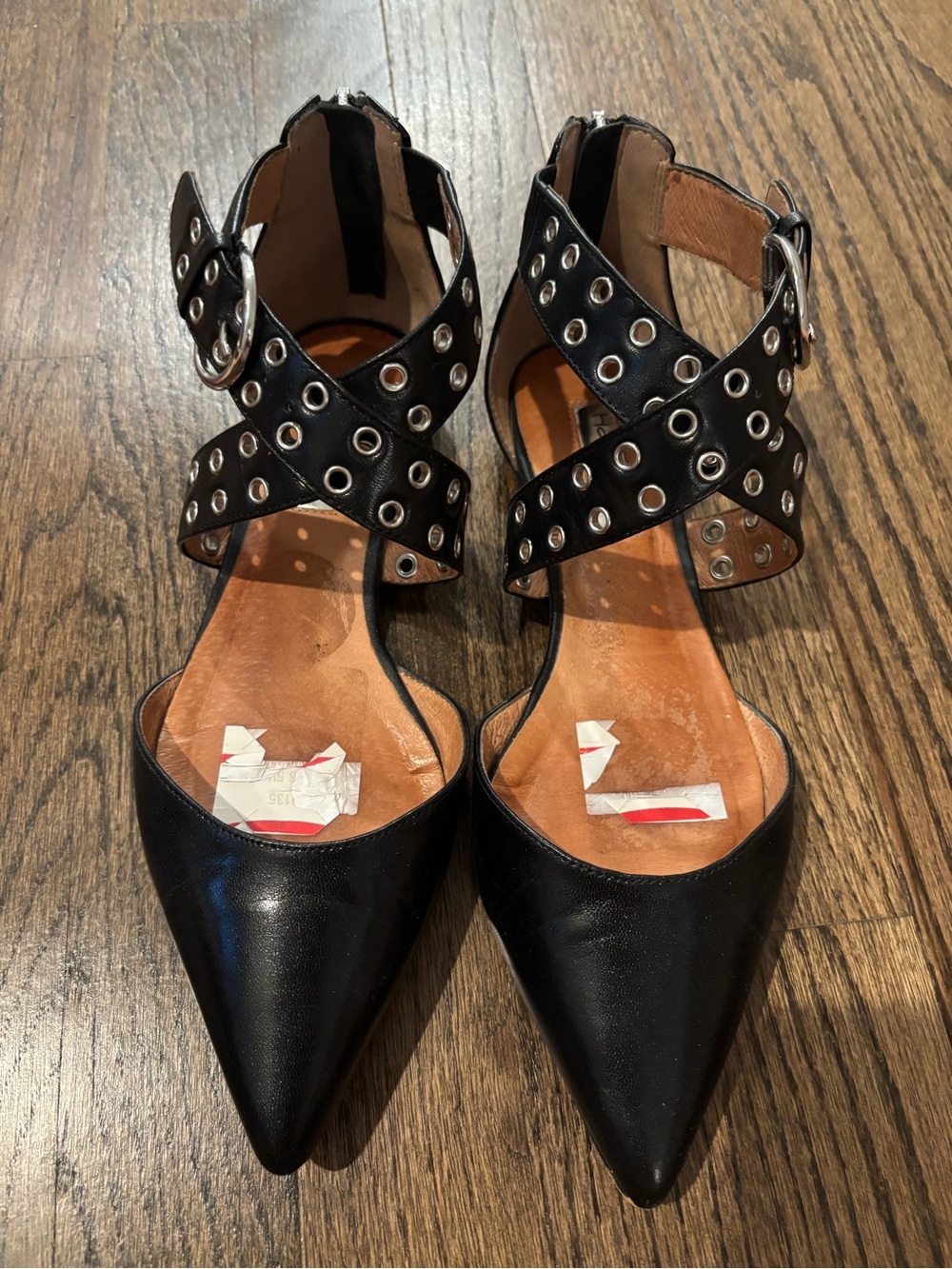 Black Pointed Leather Ankle-Strap Heels with Grommet Detail